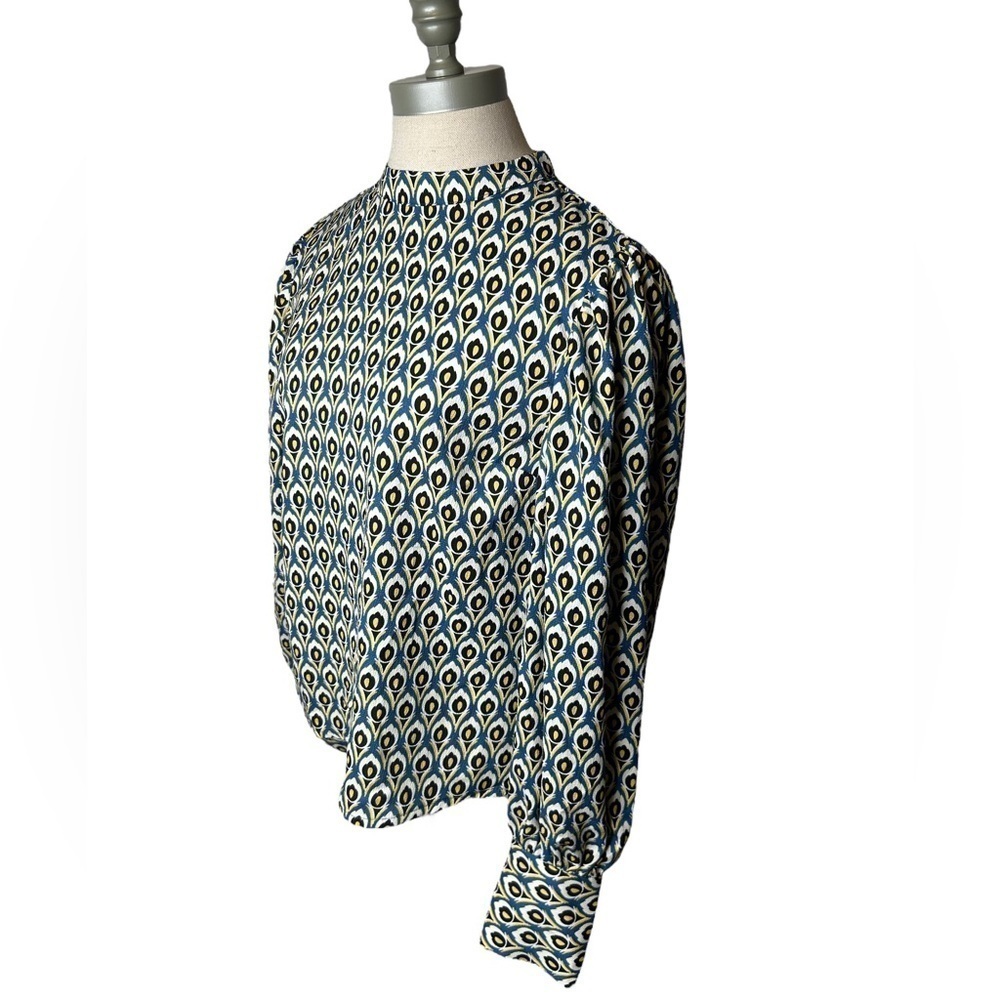 Cupcakes & Cashmere Peacock Abstract Printed Mock Neck Long Sleeve Blouse Small - Picture 3 of 13